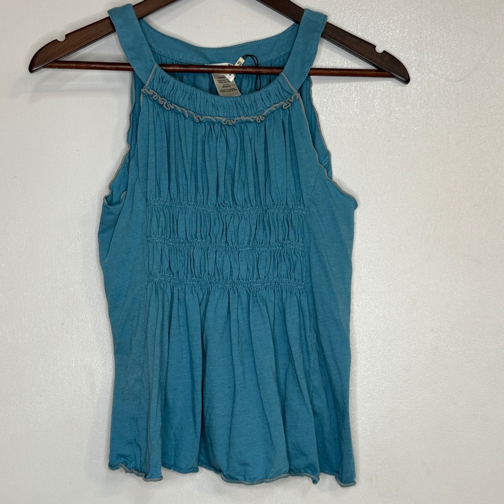 Y2K Sophie Max Womens Teal‎ Blue Smocked Sleeveless Tank Top Boho Cotton Modal